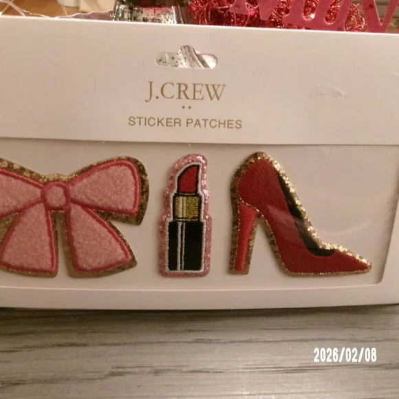 J Crew 3 Sticker Patches for Pouches Backpacks Pink Bow Lipstick Red Shoe Gold - Picture 2 of 3